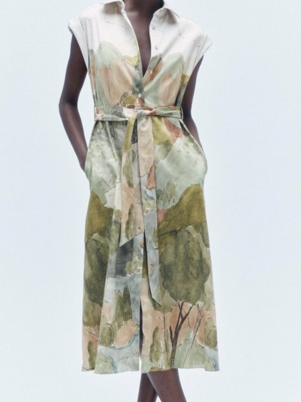 ZARA Scenic Landscape Midi Dress XS Belted Shirt Dress Cottagecore Nature Print